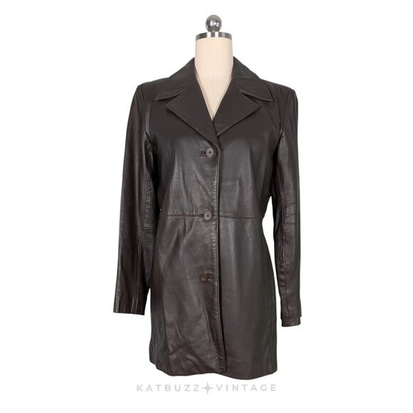 Vintage Leather Jacket Women M Dark Brown Y2K 90S Minimalist Button Fall Coat - Picture 1 of 13